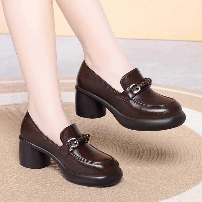 Leather Work Flats Women - Mocassins à talon épais pour femmes,