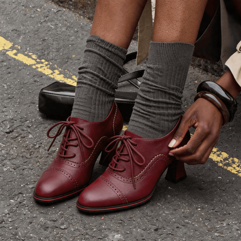 Leather Work Flats Women - Chaussures Oxford à talons mi-hauts évasés